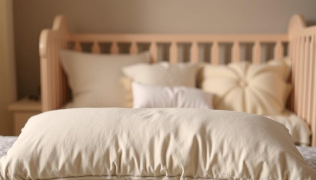 A cozy, warm-lit nursery scene showcasing a soft, fluffy pillow in the foreground, its fabric texture and stitching details clearly visible. In the middle ground, an array of different pillow sizes and shapes are displayed, inviting the viewer to consider their suitability for a young child's needs. The background features gentle, muted tones, perhaps a neutral-colored wall or some subtle patterns, creating a soothing, nurturing atmosphere. The overall composition conveys a sense of care and thoughtfulness in selecting the perfect first pillow for a child, highlighting the importance of this decision.