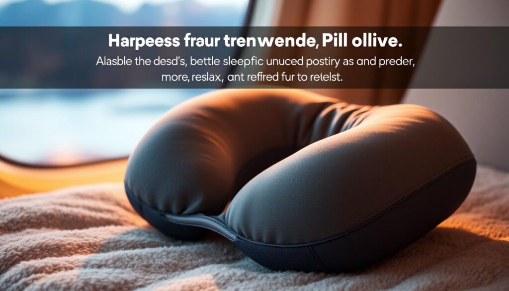 A cozy, well-designed travel pillow resting on a plush surface, illuminated by warm, diffused lighting. The pillow features a supportive, ergonomic shape and high-quality, breathable fabric that cradles the head and neck in comfort. In the background, a blurred, serene landscape suggests a peaceful, rejuvenating journey. The composition conveys the benefits of using a travel pillow - improved posture, better sleep, and a more relaxed, refreshed state, perfect for enhancing the travel experience.