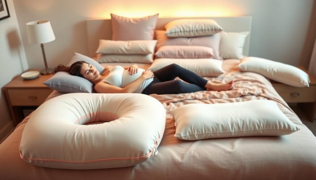 A cozy, well-lit bedroom scene showcasing an assortment of high-quality pregnancy pillows. In the foreground, a large U-shaped pillow in soft, neutral tones provides full-body support for a pregnant woman resting comfortably. Beside it, a wedge pillow and a long, slender side pillow in complementary colors create a welcoming arrangement. In the middle ground, additional pillows of various shapes and sizes, including a contoured body pillow and a smaller neck/head pillow, are displayed on a plush, neutral-toned bedding. The background features a warm, calming atmosphere with soft lighting and muted tones, emphasizing the comfort and relaxation of the space.
