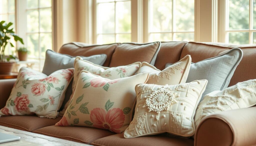 A cozy, well-lit living room setting with a comfortable couch and a collection of handmade decorative pillows in various patterns and textures. The pillows are arranged artfully, showcasing simple yet stylish DIY projects - floral prints, geometric designs, and soft, plush fabrics. Warm, natural lighting filters through large windows, casting a gentle glow on the scene. The overall atmosphere is one of relaxation and homely charm, inviting the viewer to imagine themselves crafting these charming accents for their own living space.