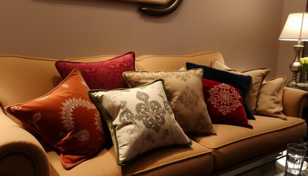 A cozy, well-lit living room setting, with a sofa or armchair in the foreground. On the sofa, a pile of decorative throw pillows in various patterns and textures, including velvet, brocade, and embroidered designs. A side table or coffee table nearby, with a glass of water or a small vase of flowers. Soft, diffused lighting from a nearby floor lamp or table lamp, creating a warm, inviting atmosphere. The background features a neutral-toned wall, with a piece of artwork or a decorative mirror hung above the sofa. The overall scene conveys a sense of relaxation and attention to detail in the care and maintenance of the decorative pillows.