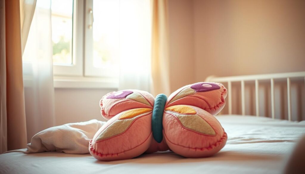 A cozy, well-lit nursery scene featuring a soft, plush butterfly-shaped pillow resting on a child's bed. The pillow is the focal point, its vibrant colors and whimsical design standing out against the muted tones of the room. Warm, natural lighting filters in from a nearby window, casting a gentle glow over the scene. The pillow is placed in the foreground, with the middle ground showcasing a simple, minimalist bed frame and linens. The background features subtle, neutral-toned walls, creating a serene and calming atmosphere. The overall composition conveys a sense of comfort, safety, and the nurturing environment ideal for a young child.