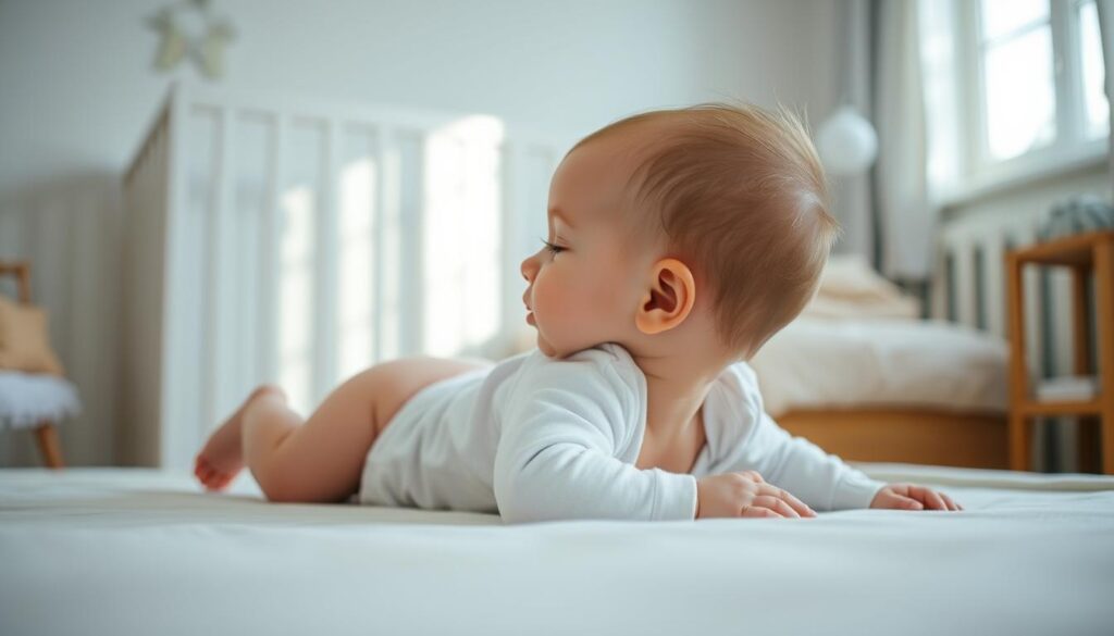 A cozy, well-lit nursery with a comfortable crib or playmat in the foreground. A young infant lies peacefully on their stomach, head turned to the side, arms and legs relaxed. Soft, soothing lighting from a nearby window casts a gentle glow on the scene. The background is clean and uncluttered, allowing the infant to be the focus. The overall mood is serene, calming, and conducive to the healthy development of the child.