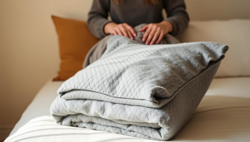 A cozy, well-lit scene showcasing the steps to easily transform a neatly folded blanket into a plush, inviting pillow. In the foreground, a soft, gray woolen throw is carefully layered and tucked into a compact, square shape. Subtle shadows and highlights accentuate the folds, creating a tactile, visually interesting surface. In the middle ground, hands delicately grasp the blanket, demonstrating the simple rolling and tucking motion required to achieve the pillow form. The background features a clean, minimalist setting, perhaps a bed or sofa, allowing the focal point of the transform ation to be the star of the image. Warm, natural lighting casts a soothing glow, inviting the viewer to imagine curling up with this plush, handmade cushion.
