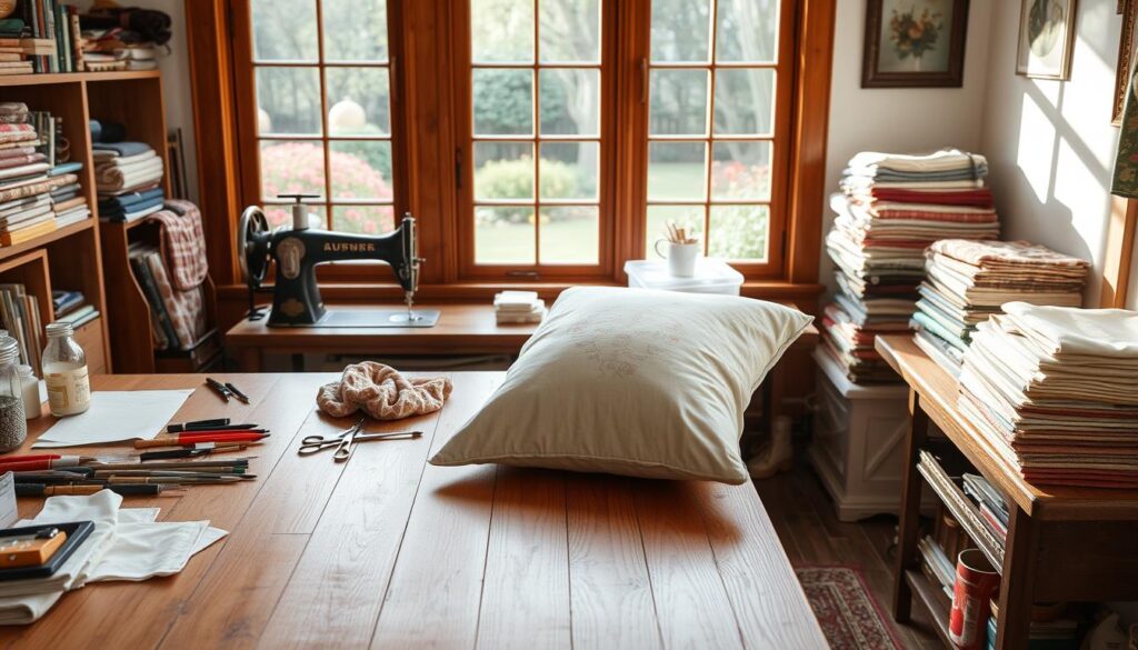 A cozy, well-lit sewing studio with a wooden workbench in the foreground. On the workbench, an assortment of sewing tools, fabrics, and a partially completed throw pillow taking shape. In the middle ground, a vintage sewing machine and a stack of neatly folded fabrics. The background features a large window overlooking a peaceful garden, allowing natural light to flood the space. The overall atmosphere is warm, inviting, and focused on the art of handcrafting a beautiful throw pillow.