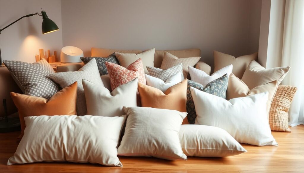 A cozy, well-lit studio space filled with an assortment of throw pillows in various shapes, sizes, and patterns. The pillows are arranged on a wooden floor, with a neutral-colored couch or chair in the background. The lighting is soft and diffused, creating a warm, inviting atmosphere. The pillows feature a range of textures, from plush velvet to crisp linen, in a harmonious color palette that complements the overall scene. The composition highlights the pillows as the focal point, showcasing their unique designs and inspiring the viewer to consider the creative possibilities of pillow-making.
