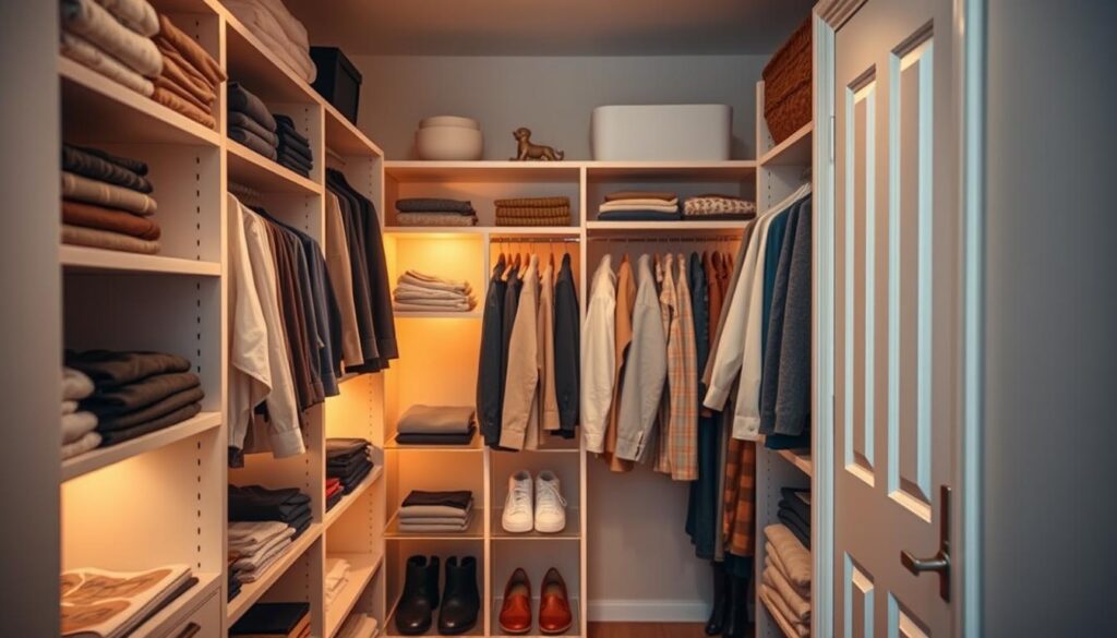 A cozy, well-organized closet interior in a hallway. The shelves and hanging rods are meticulously arranged, with a mix of neatly folded clothes, shoes, and personal items. Warm, diffused lighting illuminates the space, creating a sense of order and comfort. The closet door is slightly ajar, revealing a clean, minimalist design that seamlessly integrates with the surrounding decor. The overall atmosphere is one of efficiency and tranquility, perfectly suited for the task of keeping a hallway space organized and functional. A cozy, well-organized closet interior in a hallway. The shelves and hanging rods are meticulously arranged, with a mix of neatly folded clothes, shoes, and personal items. Warm, diffused lighting illuminates the space, creating a sense of order and comfort. The closet door is slightly ajar, revealing a clean, minimalist design that seamlessly integrates with the surrounding decor. The overall atmosphere is one of efficiency and tranquility, perfectly suited for the task of keeping a hallway space organized and functional.