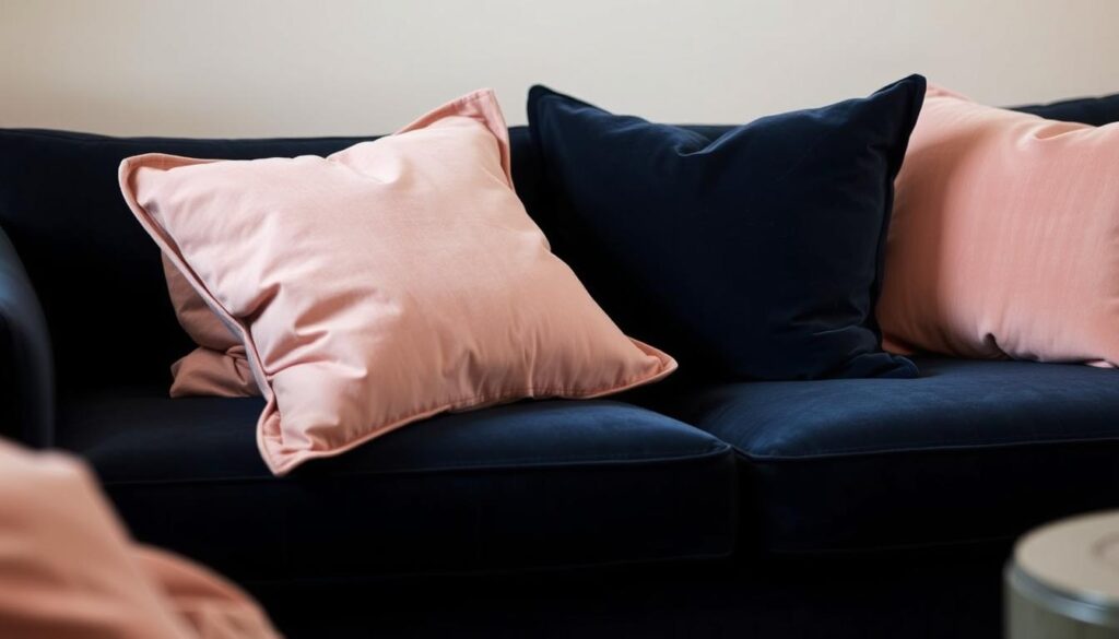 A delicate arrangement of soft, blush-colored decorative pillows gently adorning a deep navy blue sofa. The pillows are fluffed and positioned with care, their plush velvet or linen textures catching the warm, diffused lighting that fills the cozy, intimate space. The pillows' muted, powdery hues create a serene, calming atmosphere, complementing the rich, sophisticated tone of the sofa. The overall scene evokes a sense of refined elegance and subtle sophistication, perfectly suited to highlight the "Subtle Accents - Powder Pink" section of the article.