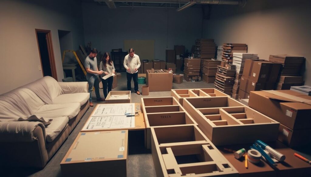 A dimly lit room, furniture covered in protective sheets, tools and supplies arranged neatly on a workbench. In the foreground, a group of people meticulously planning their moving strategy, studying floor plans and making careful measurements. The middle ground showcases disassembled furniture components, labeled and organized for efficient transport. The background reveals stacks of boxes, tape dispensers, and markers, all ready for the packing process. Soft, warm lighting casts gentle shadows, creating a focused, organized atmosphere as the team prepares for the upcoming move.