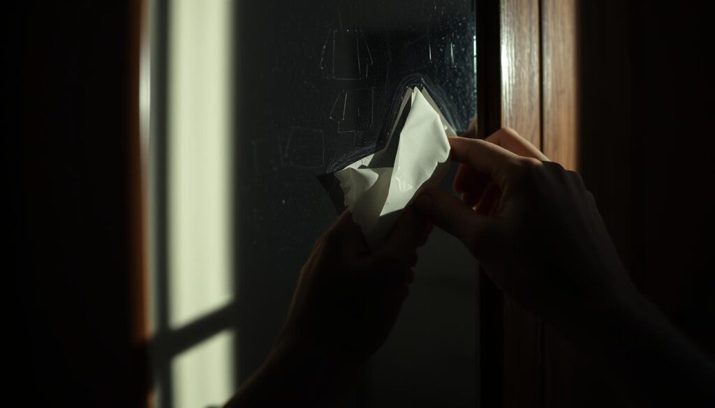 A dimly lit room, the surface of a mirrored wardrobe door reflecting the gentle light. Fingers carefully peeling away the adhesive, the mirror's edge slowly lifting from the wooden frame. The scene is one of delicate precision, the air thick with a sense of cautious deliberation. Soft shadows cast by the disassembling process, drawing attention to the intricate details of the mirror's separation. The viewer is engaged, urged to consider the methodical steps required to safely remove the mirror without damage. An atmosphere of focused care pervades the image, inviting the observer to appreciate the nuanced task at hand.