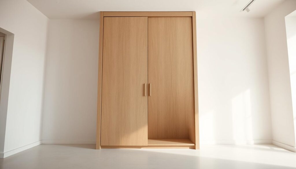 A high-quality detailed interior shot of a well-crafted wardrobe made from MDF panels. The wardrobe is positioned in a well-lit, minimalist space with clean lines and a neutral color palette. The focus is on the intricate wood grain texture and smooth, precise edges of the MDF construction. Soft, even lighting illuminates the wardrobe, accentuating its solid, sturdy build. The camera angle emphasizes the wardrobe's depth and volume, capturing its sleek, modern design aesthetic. The overall mood is one of simplicity, elegance, and attention to craftsmanship.