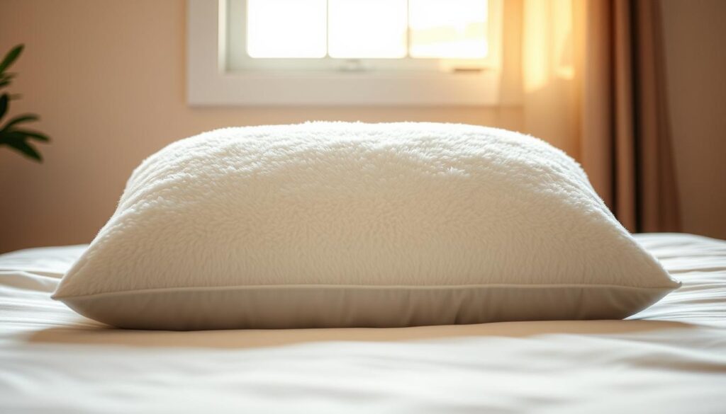 A high-quality, fluffy and supportive pillow that retains its shape over time, illuminated by soft, natural light from a window. The pillow is showcased in the foreground, with a minimalist, uncluttered background that allows the subject to take center stage. The image captures the essence of a pillow that does not lose its loft or become misshapen, conveying a sense of comfort and durability. The lighting is warm and inviting, creating a cozy and relaxing atmosphere.