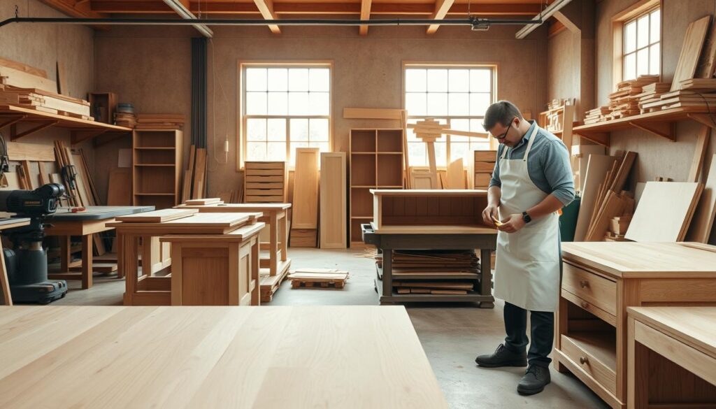 A large, well-equipped woodworking workshop with a variety of power tools, saws, and other carpentry equipment. Intricate wooden furniture pieces in various stages of construction, from raw timber to polished final products. A skilled carpenter in a crisp, white apron carefully measuring and shaping custom-made cabinetry or shelving units. Warm, natural lighting filters in through large windows, casting a cozy, productive atmosphere. The smooth, polished grain of the wood and the precision of the workmanship convey the high-quality, personalized nature of the "Usługi stolarskie na indywidualne zamówienie" services.