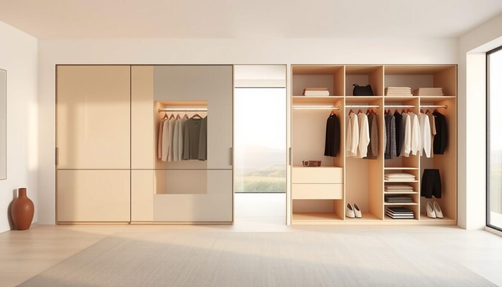 A minimalist, contemporary capsule wardrobe set against a clean, airy backdrop. In the foreground, a sleek, modular closet system with a minimalist aesthetic and neutral color palette. Sliding doors reveal a neatly organized interior with carefully curated clothing items. The middle ground showcases a well-lit, spacious room with warm, diffused lighting and a sense of calm and tranquility. In the background, a large window overlooks a serene outdoor landscape, blending the indoor and outdoor spaces. The overall atmosphere evokes a sense of simplicity, organization, and a focus on quality over quantity, embodying the essence of a capsule wardrobe.