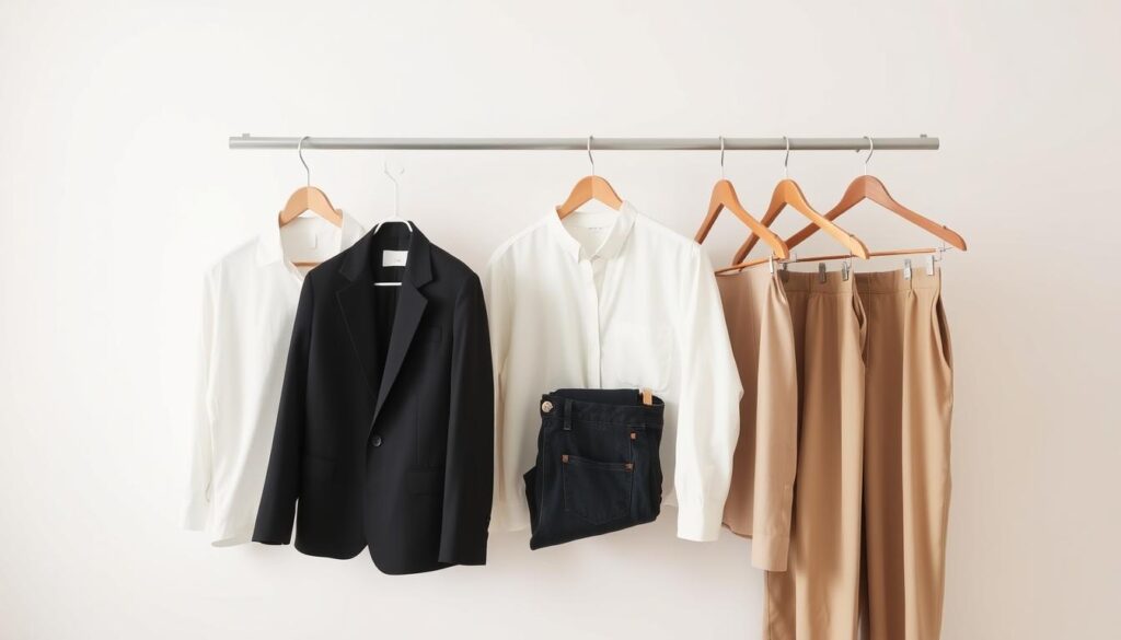 A minimalist, well-organized capsule wardrobe arranged neatly on wooden hangers against a plain white wall. The wardrobe consists of a few high-quality, versatile garments in muted, earthy tones - a crisp white button-down, a black tailored blazer, a pair of dark-wash jeans, and a pair of beige trousers. The lighting is soft and diffused, creating a calm, serene atmosphere. The camera angle is slightly elevated, providing a clean, uncluttered view of the perfectly curated capsule collection, inspiring a sense of simplicity and intentionality.