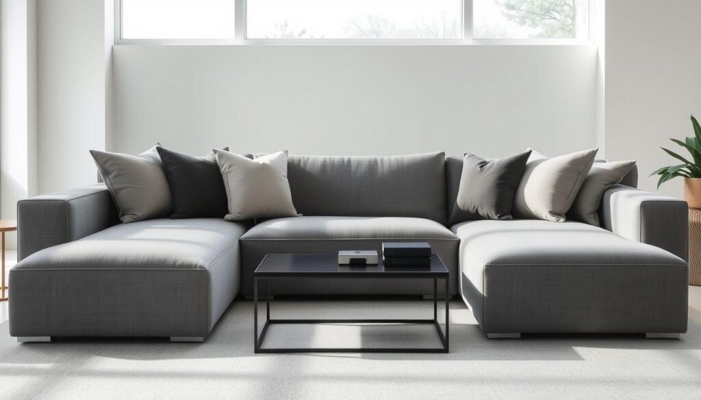 A modern and minimalist living room with a large, plush gray sofa as the central focus. The sofa is positioned in a well-lit, airy space with natural light streaming in through large windows. The walls are painted a soft, neutral color, creating a calming atmosphere. Carefully selected accent pillows in complementary shades of gray and white add depth and texture to the sofa, while a sleek, low-profile coffee table sits in front, completing the minimalist aesthetic. The room exudes a sense of sophistication and versatility, showcasing the timeless appeal of a gray sofa as a versatile and adaptable choice for any living space.