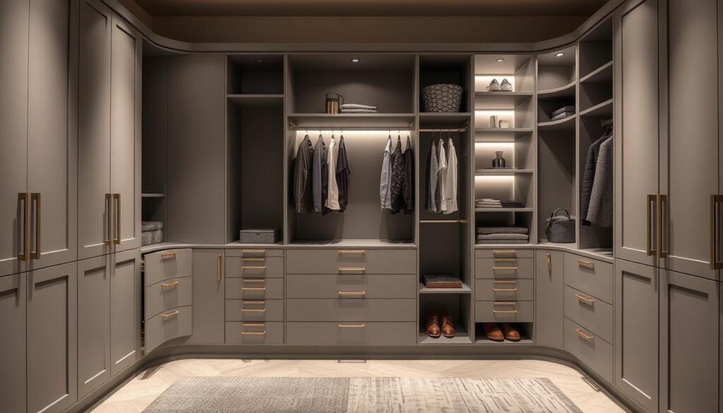 A modern and minimalist wardrobe system with intelligent storage solutions. Sleek, grey-toned cabinets with discreet handles and recessed doors, creating a seamless, integrated look. Adjustable shelves, pull-out drawers, and specialized compartments maximize organization and accessibility. Soft, diffused lighting illuminates the interior, enhancing the sense of depth and functionality. The layout is thoughtfully designed, balancing aesthetics and pragmatism to create a harmonious, high-performing storage system for a contemporary entryway. A modern and minimalist wardrobe system with intelligent storage solutions. Sleek, grey-toned cabinets with discreet handles and recessed doors, creating a seamless, integrated look. Adjustable shelves, pull-out drawers, and specialized compartments maximize organization and accessibility. Soft, diffused lighting illuminates the interior, enhancing the sense of depth and functionality. The layout is thoughtfully designed, balancing aesthetics and pragmatism to create a harmonious, high-performing storage system for a contemporary entryway.