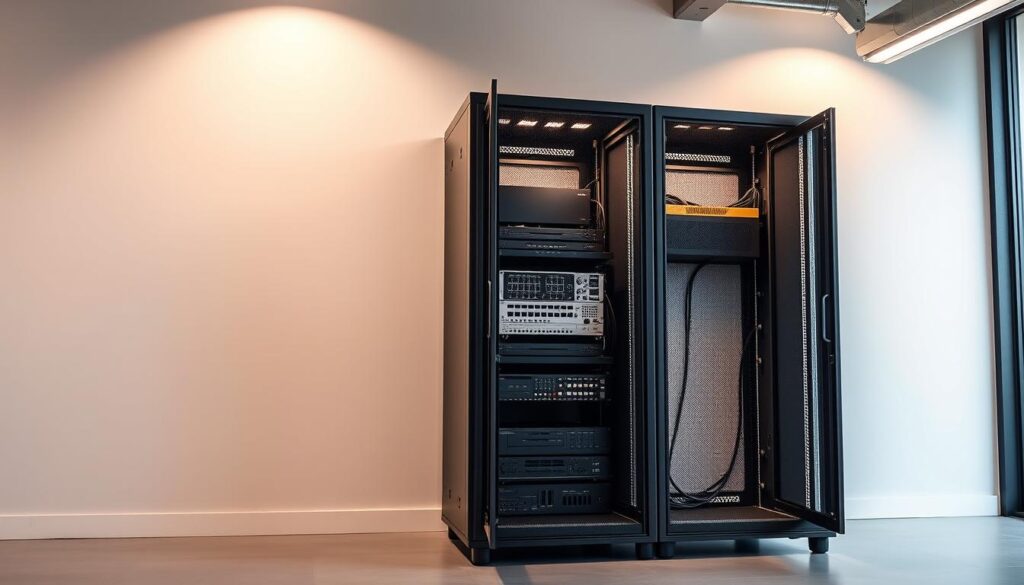 A modern and sleek RACK cabinet standing in a well-lit office space, showcasing its versatile functionality. The cabinet is positioned against a minimalist white wall, with warm overhead lighting casting subtle shadows and highlights on its sturdy metal frame. The front panels are partially open, revealing the neatly organized components inside, highlighting the cabinet's practical application for housing and managing various electronic devices, cables, and networking equipment. The scene conveys a sense of efficiency, organization, and the cabinet's ability to seamlessly integrate into a professional work environment.