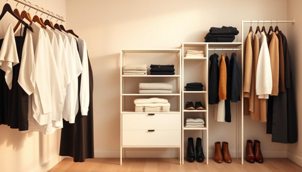 A modern, minimalist capsule wardrobe, neatly organized in a clean, well-lit room. In the foreground, a row of perfectly aligned hangers showcases a carefully curated selection of timeless garments - crisp white shirts, classic black pants, and versatile sweaters. The middle ground features a sleek, modular shelving unit housing neatly folded knitwear, accessories, and shoes, all in a harmonious color palette. The background softly fades into a neutral, airy space, emphasizing the sense of order and tranquility. The lighting is warm and diffused, casting a gentle glow that enhances the textures and materials. The overall atmosphere conveys a sense of simplicity, functionality, and effortless style - the essence of a well-designed capsule wardrobe.