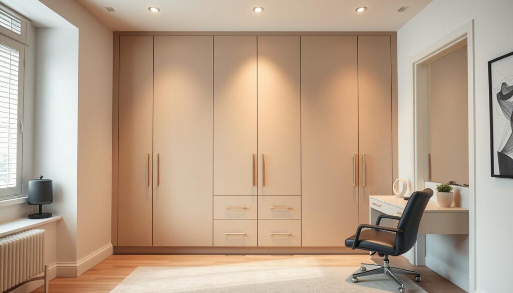 A modern, minimalist home office with a custom-built wardrobe in the background. The wardrobe features clean lines, sleek handles, and a neutral color palette that complements the overall room decor. The wardrobe takes up the entire wall, maximizing storage space. Soft, diffused lighting illuminates the scene, creating a warm and inviting atmosphere. The angle of the camera captures the wardrobe's depth and symmetry, showcasing its bespoke design. The overall composition emphasizes the wardrobe's role as the focal point, highlighting its practical and aesthetic value in the room.