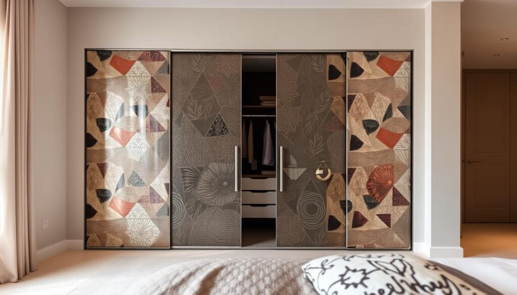 A modern, stylish bedroom with a sleek, sliding wardrobe. The wardrobe's surfaces are covered in a variety of decorative foil patterns, ranging from subtle geometric designs to vibrant, abstract motifs. The foils reflect the warm, diffused lighting, creating a cozy and inviting atmosphere. The wardrobe's doors are slightly ajar, revealing a glimpse of the organized interior. The room is spacious, with minimalist decor and clean lines, allowing the customized wardrobe to take center stage as the focal point. The overall scene conveys a sense of effortless elegance and personalized style.