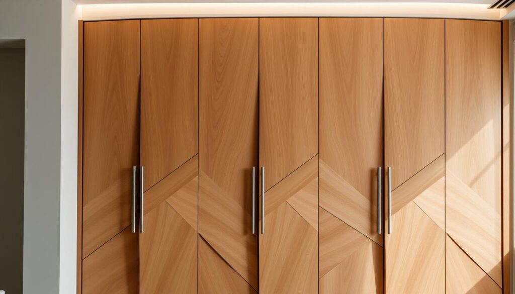 A modern wardrobe with intricate, segmented doors in a warm, natural wood finish. The panels are arranged in a dynamic, angular pattern, creating an eye-catching, contemporary look. Soft, diffused lighting from above illuminates the textured surfaces, casting gentle shadows that accentuate the geometric design. The doors are positioned in a slight curve, lending a sense of depth and movement to the composition. The overall aesthetic is sleek, sophisticated, and perfectly suited for a stylish, minimalist interior. A modern wardrobe with intricate, segmented doors in a warm, natural wood finish. The panels are arranged in a dynamic, angular pattern, creating an eye-catching, contemporary look. Soft, diffused lighting from above illuminates the textured surfaces, casting gentle shadows that accentuate the geometric design. The doors are positioned in a slight curve, lending a sense of depth and movement to the composition. The overall aesthetic is sleek, sophisticated, and perfectly suited for a stylish, minimalist interior.