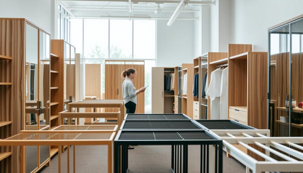 A modern, well-lit showroom displaying a variety of affordable, high-quality wardrobes and closets. The foreground features a range of wooden and metal frames in neutral tones, with adjustable shelves and hanging rods. In the middle ground, a customer examines the storage options, while the background showcases a clean, minimalist interior design with large windows allowing natural light to flood the space. The atmosphere conveys a sense of practicality, functionality, and value, inviting the viewer to envision the perfect storage solution for their home.