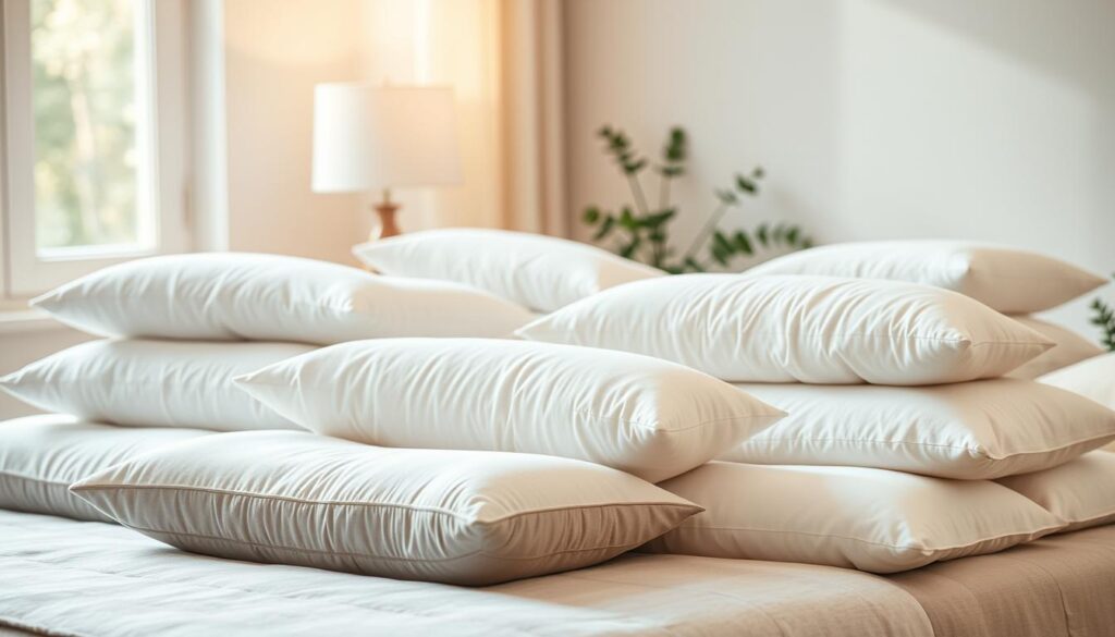 A neatly arranged set of orthopedic pillows in a natural, well-lit bedroom setting. The pillows are plump and supportive, with a variety of shapes and sizes to accommodate different sleeping positions. The room has a serene, relaxing atmosphere, with soft, warm lighting and muted, neutral tones that create a sense of comfort and rest. The pillows are the focal point, showcasing their ergonomic design and highlighting their potential benefits for healthy, restful sleep.