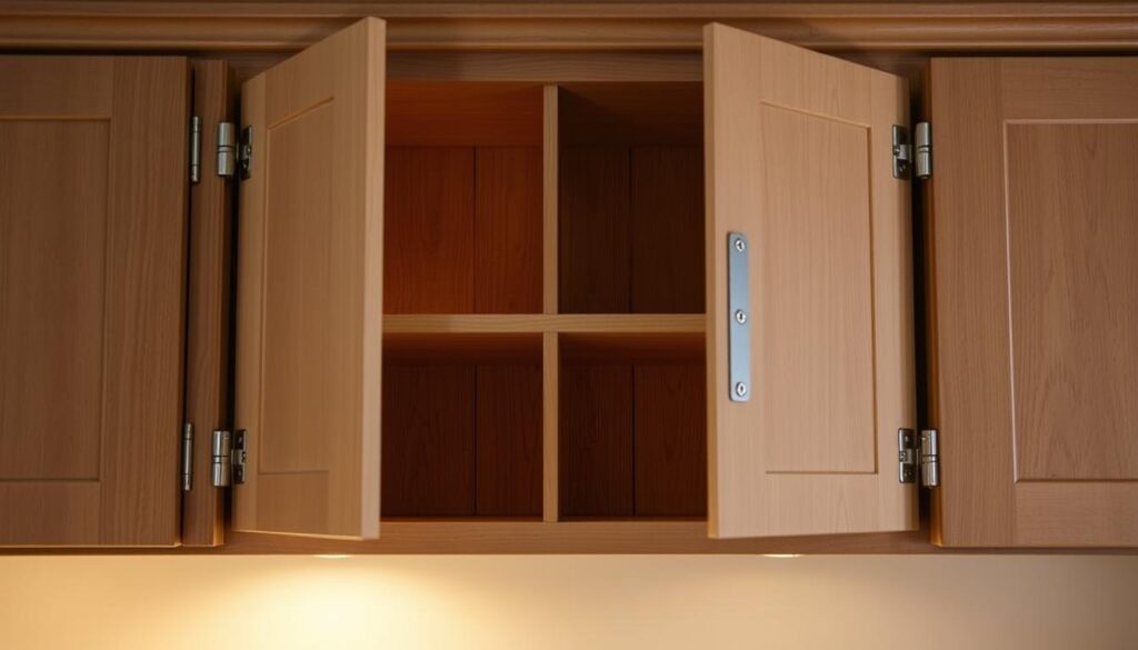 A neatly organized cabinet with its doors open, revealing the intricate hinges and mechanisms that allow smooth, effortless operation. Soft, warm lighting illuminates the scene, highlighting the wood grain and metal components in a way that emphasizes the cabinet's craftsmanship. The image captures the importance of properly adjusting and maintaining these hinges, showcasing how they are essential for the cabinet's functionality and long-term use. The overall composition conveys a sense of order, attention to detail, and the value of well-executed home maintenance.