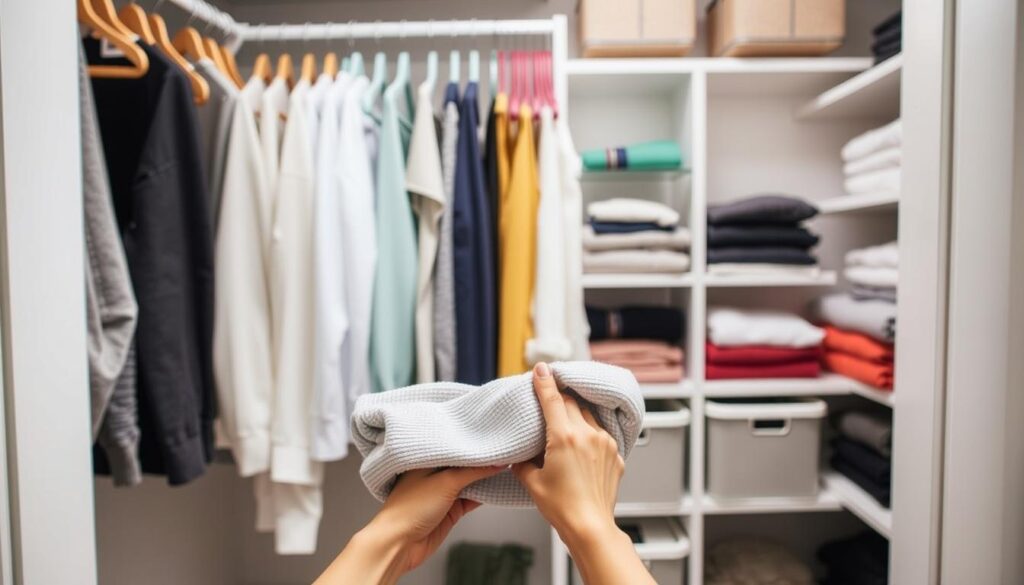 A neatly organized closet with hanging garments, folded clothes, and shelves meticulously arranged. Soft, diffused lighting illuminates the scene, creating a sense of order and tranquility. In the foreground, a person's hands carefully fold a sweater, demonstrating the proper technique. The middle ground showcases various storage solutions, from color-coded hangers to stacked bins. In the background, the closet's structure, with its clean lines and neutral tones, provides a harmonious backdrop. The overall atmosphere conveys a mindful, efficient approach to clothing organization, inviting the viewer to emulate these fundamental principles of neat wardrobe maintenance. A neatly organized closet with hanging garments, folded clothes, and shelves meticulously arranged. Soft, diffused lighting illuminates the scene, creating a sense of order and tranquility. In the foreground, a person's hands carefully fold a sweater, demonstrating the proper technique. The middle ground showcases various storage solutions, from color-coded hangers to stacked bins. In the background, the closet's structure, with its clean lines and neutral tones, provides a harmonious backdrop. The overall atmosphere conveys a mindful, efficient approach to clothing organization, inviting the viewer to emulate these fundamental principles of neat wardrobe maintenance.