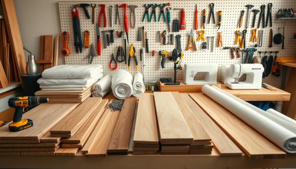 A neatly organized collection of construction materials for a custom wardrobe, arranged on a clean, well-lit workbench. In the foreground, boards of various wood types, along with power tools, screws, and hardware. In the middle ground, rolls of soft white fabric, sewing supplies, and a sewing machine. In the background, a pegboard displays an assortment of hand tools, clamps, and other DIY essentials, creating a sense of order and preparedness. The scene is bathed in warm, natural lighting, conveying a cozy, productive atmosphere for a home woodworking project. A neatly organized collection of construction materials for a custom wardrobe, arranged on a clean, well-lit workbench. In the foreground, boards of various wood types, along with power tools, screws, and hardware. In the middle ground, rolls of soft white fabric, sewing supplies, and a sewing machine. In the background, a pegboard displays an assortment of hand tools, clamps, and other DIY essentials, creating a sense of order and preparedness. The scene is bathed in warm, natural lighting, conveying a cozy, productive atmosphere for a home woodworking project.