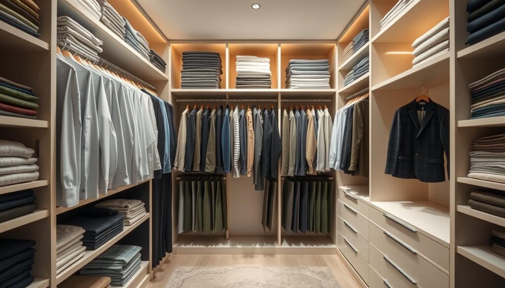 A neatly organized deep closet, meticulously arranged with precision. Folded shirts and trousers in perfect alignment, color-coded and easily accessible. Hanging garments cascade gracefully, organized by type and hue. Soft, diffused lighting illuminates the tidy interior, casting a warm glow on the well-structured storage solutions. The shelves and drawers are filled with carefully stacked items, creating a harmonious and visually appealing scene. The overall atmosphere conveys a sense of calm and control, reflecting the effective methods of clothing organization. A neatly organized deep closet, meticulously arranged with precision. Folded shirts and trousers in perfect alignment, color-coded and easily accessible. Hanging garments cascade gracefully, organized by type and hue. Soft, diffused lighting illuminates the tidy interior, casting a warm glow on the well-structured storage solutions. The shelves and drawers are filled with carefully stacked items, creating a harmonious and visually appealing scene. The overall atmosphere conveys a sense of calm and control, reflecting the effective methods of clothing organization.