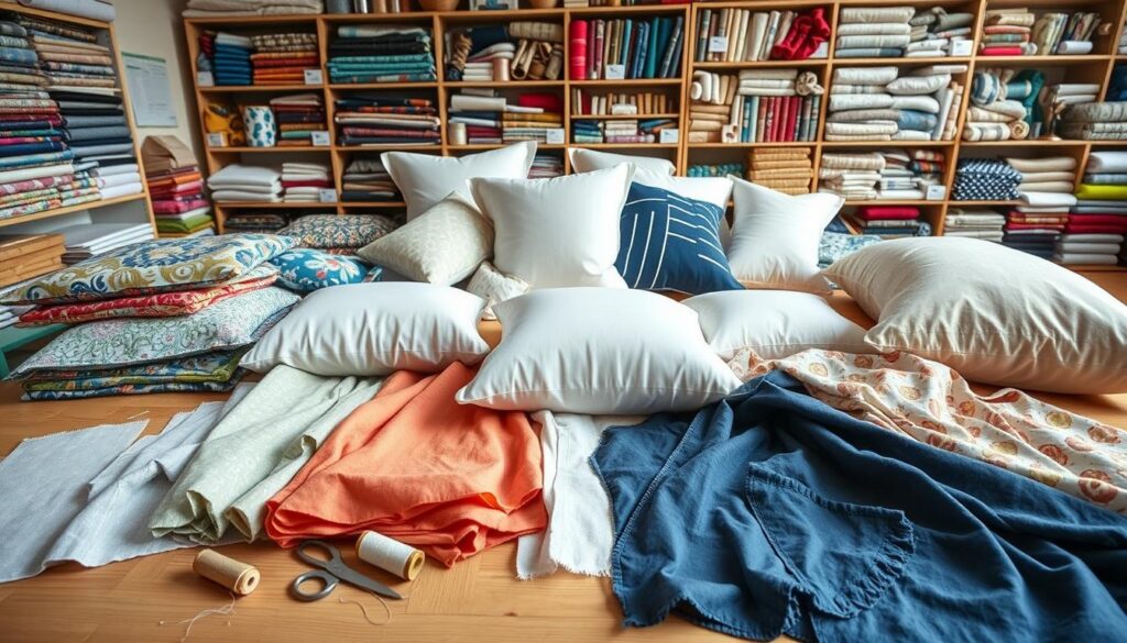 A neatly organized display of various fabrics, textiles, and sewing materials laid out on a clean, well-lit wooden surface. In the foreground, an assortment of colorful cotton, linen, and silk fabrics in different patterns and textures, accompanied by spools of thread, needles, and a pair of sharp scissors. In the middle ground, a collection of pillow forms and inserts in different sizes, shapes, and materials, ready to be covered. The background features a wall of shelves stocked with bolts of fabric, sewing notions, and other haberdashery items, creating a sense of a well-equipped sewing or craft studio. The overall atmosphere is one of inspiration and preparation, inviting the viewer to imagine the creative possibilities of sewing their own custom-made pillow covers.