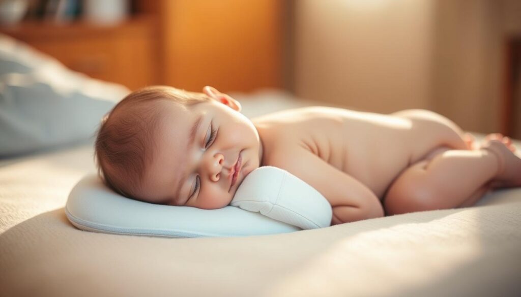 A newborn baby lying peacefully on a soft, comfortable surface, their head gently supported by a specialized pillow designed for optimal neck and head alignment. The scene is bathed in warm, natural lighting, creating a serene and calming atmosphere. The baby's position is carefully chosen to promote proper spine and head development, with the shoulders slightly elevated and the neck in a neutral alignment. The background is blurred, keeping the focus on the infant's delicate features and the supportive pillow. The overall composition conveys a sense of safety, comfort, and the importance of providing the right support for a child's healthy growth and development.