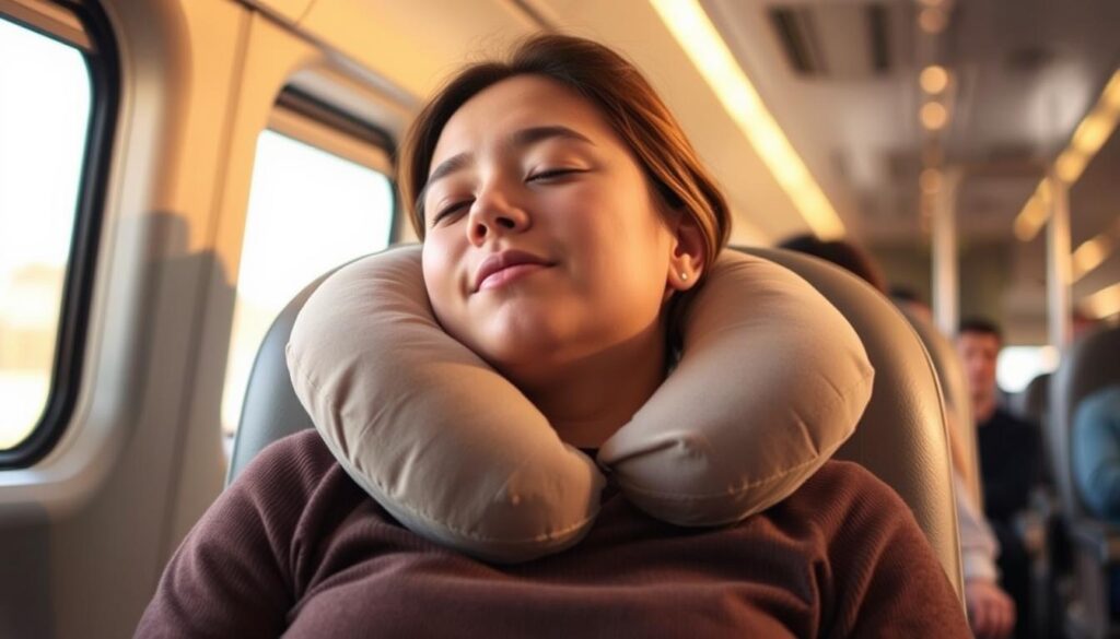 A person sitting comfortably in a train, airplane, or bus, using a plush, ergonomic travel pillow to support their neck and head. The pillow is a soft, neutral color that blends harmoniously with the person's clothing and the vehicle's interior. Warm, indirect lighting casts a cozy, relaxed ambiance, while the angle emphasizes the person's peaceful, contented expression as they doze off or gaze out the window. The prompt prioritizes a realistic, natural depiction that showcases the practical utility and comfort of the travel pillow in different modes of transportation.