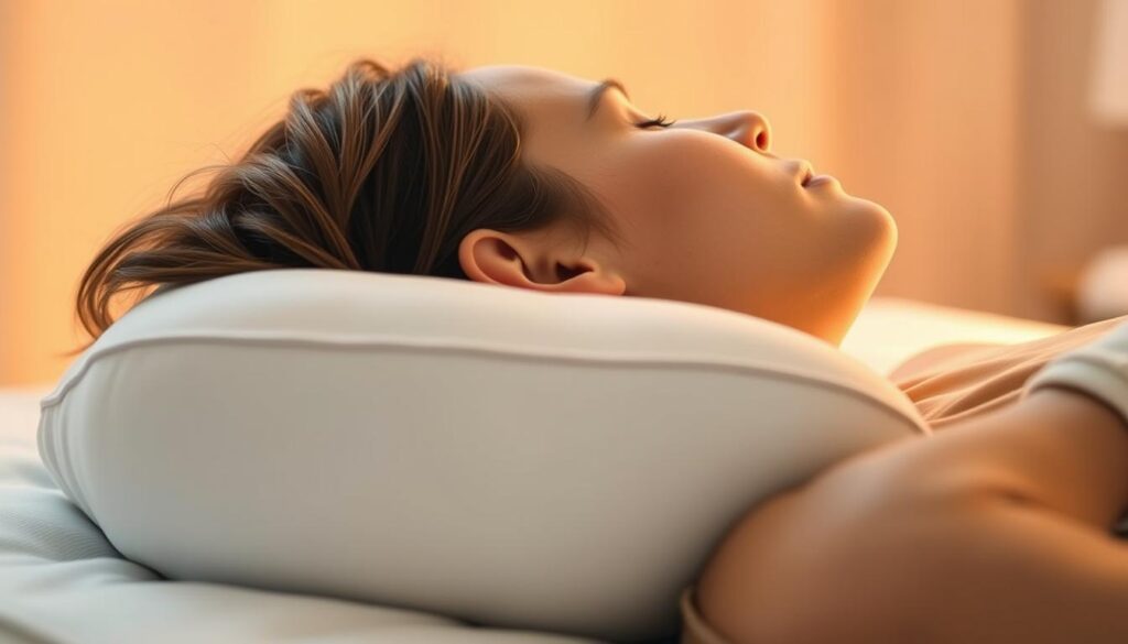 A person's head resting comfortably on an orthopedic pillow, with a soft and supportive design. The pillow gently cradles the head, maintaining proper neck alignment and spinal posture. The lighting is warm and diffused, creating a peaceful and serene atmosphere. The camera angle is positioned slightly above, capturing the side profile of the head and shoulders, with a blurred background to emphasize the subject. The overall mood conveys the restorative benefits of using an orthopedic pillow for restful sleep.