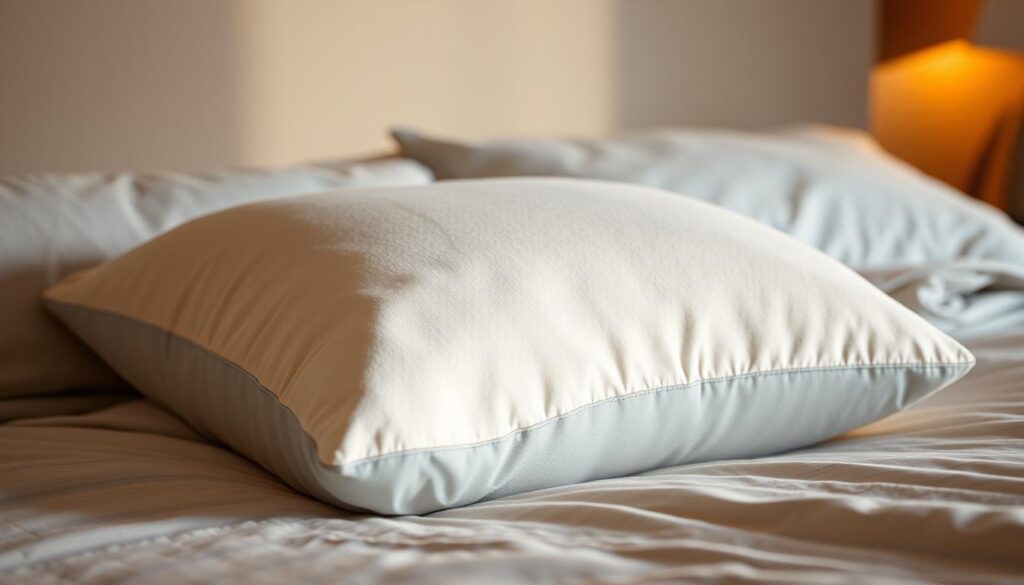 A plush, orthopedic pillow rests on a cozy, well-lit bed. The pillow's shape is designed to gently cradle the head and neck, promoting proper spinal alignment. Soft, hypoallergenic fabric covers the pillow, inviting a peaceful, restorative sleep. The scene is bathed in warm, ambient lighting, creating a serene, comfortable atmosphere. The pillow is the focal point, highlighted against a muted, neutral background, emphasizing its supportive and therapeutic qualities. The overall composition conveys the pillow's purpose - to provide optimal comfort and ergonomic support for a restful, rejuvenating night's sleep.