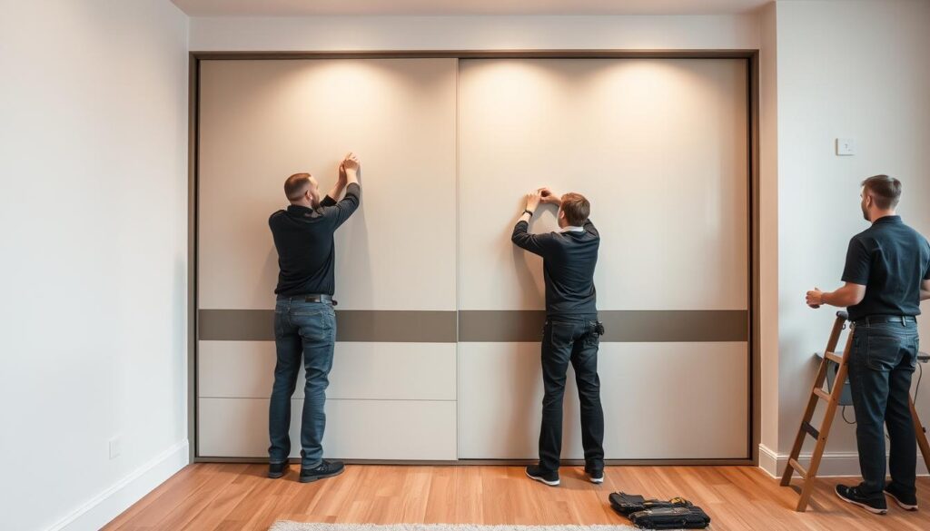 A professional installation team assembling a sleek, modern sliding wardrobe system in a well-lit, minimalist home interior. The technicians work with precision, expertly measuring, cutting, and aligning the wardrobe components. Soft, even lighting highlights the clean lines and high-quality materials of the wardrobe, creating a sense of craftsmanship and attention to detail. The background features neutral-toned walls and a hardwood floor, allowing the wardrobe to be the focal point. The overall scene conveys a smooth, efficient installation process that results in a beautifully integrated storage solution.