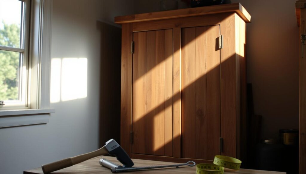 A rustic wooden cabinet, built from reclaimed wooden planks, stands in a cozy, sun-dappled corner. The sturdy frame is constructed with mortise and tenon joints, giving it a sturdy, handcrafted appearance. The wood's natural grain and knots are visible, adding to the warm, organic feel. Soft, diffused lighting from a nearby window casts gentle shadows, highlighting the cabinet's textural details. In the foreground, a few simple tools - a hammer, a saw, and a tape measure - suggest the DIY process involved in its creation. The overall scene conveys a sense of homespun charm and the satisfaction of crafting a functional, beautiful piece of furniture from basic materials.