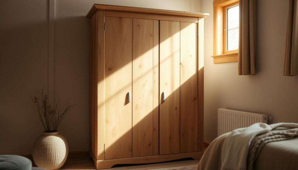 A rustic wooden wardrobe stands in a cozy, sun-dappled room. The solid pine boards, with their natural knots and grains, are lovingly arranged in a sleek, minimalist design. Soft, diffused light filters in through a nearby window, casting a warm, inviting glow on the furniture. The wardrobe's simple, clean lines and neutral tones blend seamlessly with the room's earthy, organic aesthetic, creating a sense of harmony and tranquility. This handcrafted piece, built with care and attention to detail, embodies the beauty and practicality of a homemade furniture project, inspiring the viewer to consider the many benefits of creating their own personalized, DIY storage solution.