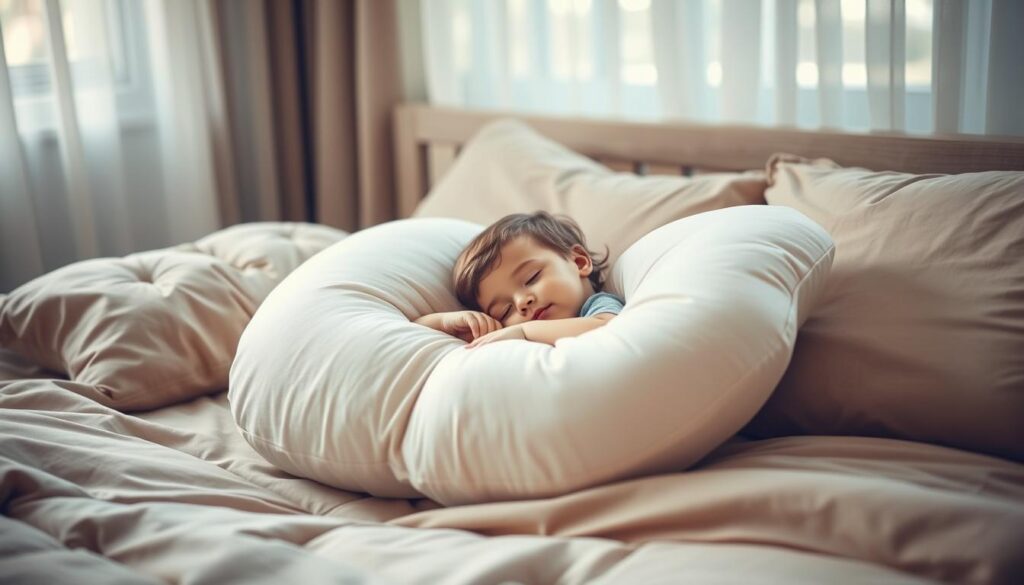 A serene and cozy bedroom scene, with a young child peacefully sleeping on a soft, cloud-like butterfly-shaped pillow. The pillow is placed gently on a plush, neutral-toned bed, surrounded by soothing natural light filtering through sheer curtains. The child's face is relaxed, their breathing steady, as the butterfly pillow cradles their head in a comforting embrace. The overall atmosphere is one of tranquility and rest, inviting the viewer to imagine the gentle, supportive comfort the pillow provides.