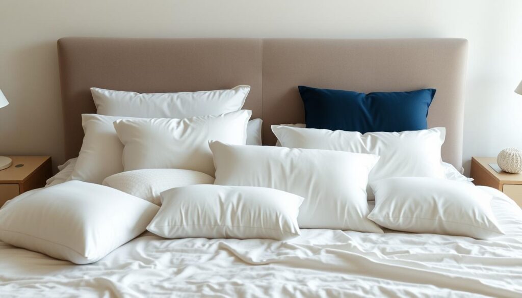 A serene, well-lit bedroom scene showcasing a variety of high-quality sleep pillows in different shapes, materials, and sizes. The pillows are displayed on a plush, minimalist bedding set, allowing their unique features to be clearly visible. The lighting is soft and diffused, creating a calming ambiance. The camera angle is positioned slightly above the bed, providing an overview of the diverse pillow collection. The scene conveys a sense of comfort, relaxation, and an invitation to explore the various options for finding the perfect sleep companion. A serene, well-lit bedroom scene showcasing a variety of high-quality sleep pillows in different shapes, materials, and sizes. The pillows are displayed on a plush, minimalist bedding set, allowing their unique features to be clearly visible. The lighting is soft and diffused, creating a calming ambiance. The camera angle is positioned slightly above the bed, providing an overview of the diverse pillow collection. The scene conveys a sense of comfort, relaxation, and an invitation to explore the various options for finding the perfect sleep companion.
