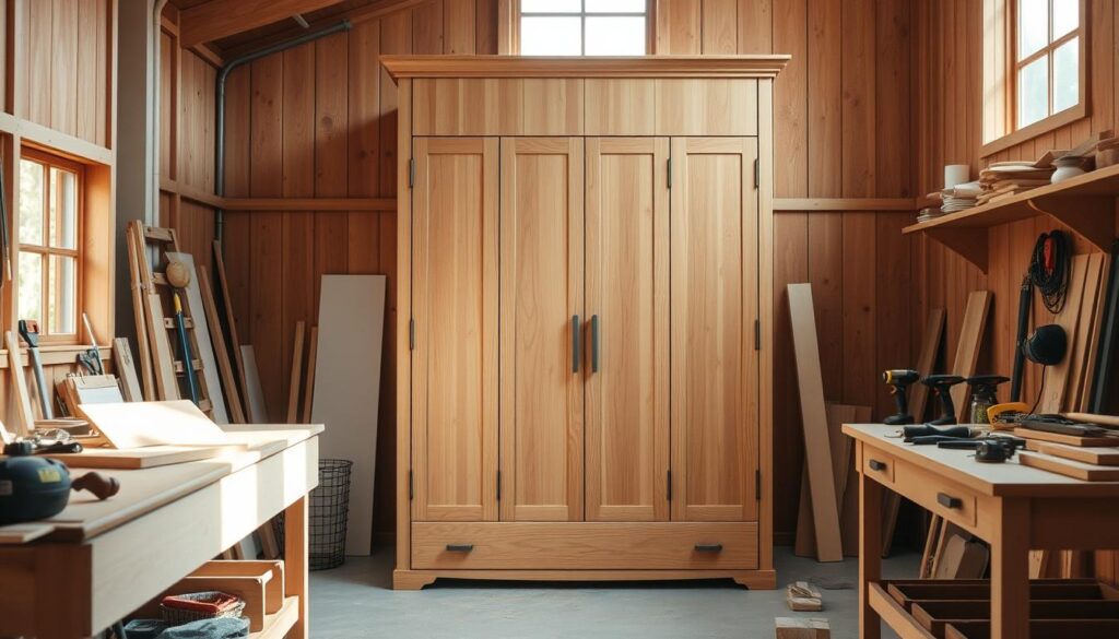 A spacious, freestanding wooden wardrobe stands in a cozy, well-lit workshop. The warm, natural grain of the wood panels is accentuated by soft, diffused lighting from large windows. Various DIY tools and materials are neatly arranged on workbenches, suggesting an ongoing project. The wardrobe's clean, minimalist design features simple lines and a classic, timeless aesthetic, perfectly suited for a modern, self-built home interior. The scene conveys a sense of accomplishment, with the wardrobe serving as the focal point of the DIY endeavor.