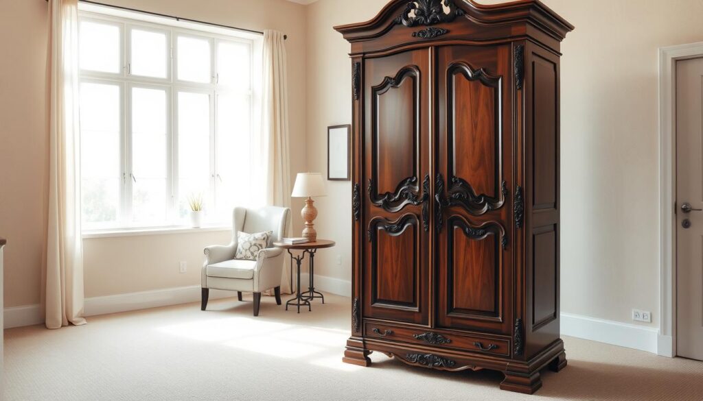 A spacious, well-lit bedroom with a beautiful vintage wooden wardrobe in the foreground. The wardrobe has intricate carvings and a rich, mahogany finish. Soft, natural lighting filters in through large windows, creating a warm, inviting atmosphere. In the middle ground, a cozy armchair and a small table with a decorative lamp sit beside the wardrobe, creating a cozy reading nook. The background features a neutral-toned wall with subtle textures, adding depth and dimension to the scene. The overall composition emphasizes the detailed craftsmanship and timeless elegance of the wardrobe, inviting the viewer to imagine the process of restoring and revitalizing this classic piece of furniture. A spacious, well-lit bedroom with a beautiful vintage wooden wardrobe in the foreground. The wardrobe has intricate carvings and a rich, mahogany finish. Soft, natural lighting filters in through large windows, creating a warm, inviting atmosphere. In the middle ground, a cozy armchair and a small table with a decorative lamp sit beside the wardrobe, creating a cozy reading nook. The background features a neutral-toned wall with subtle textures, adding depth and dimension to the scene. The overall composition emphasizes the detailed craftsmanship and timeless elegance of the wardrobe, inviting the viewer to imagine the process of restoring and revitalizing this classic piece of furniture.