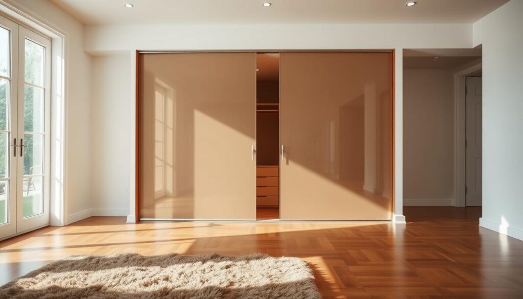 A spacious, well-lit room with a focal point on a sleek, modern sliding wardrobe. The wardrobe features glossy, minimalist doors that glide effortlessly, revealing ample storage space within. The room is bathed in warm, natural light, creating a serene and inviting atmosphere. The floor is made of polished hardwood, complementing the wardrobe's clean lines. In the foreground, a plush rug in earthy tones adds a touch of coziness. The overall composition highlights the practical and aesthetic benefits of the sliding wardrobe design, showcasing its space-saving capabilities and elegant visual appeal.