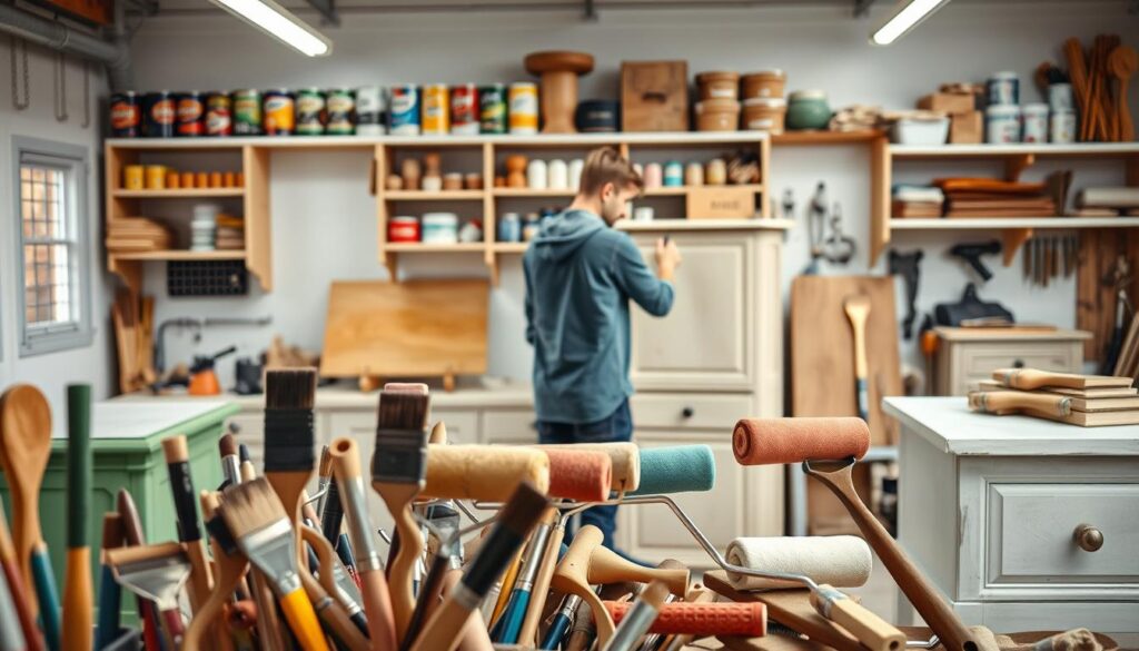 A spacious, well-lit workshop with an assortment of paint brushes, rollers, and a variety of painted furniture pieces in the foreground. In the middle ground, a DIY-savvy person carefully applying paint to a wooden cabinet, using smooth, even strokes. The background features shelves stocked with paint cans, sanding tools, and other woodworking supplies, creating a sense of a dedicated, organized workspace. The overall mood is one of focused, hands-on creativity, capturing the essence of the "Techniki malowania mebli" section of the article.