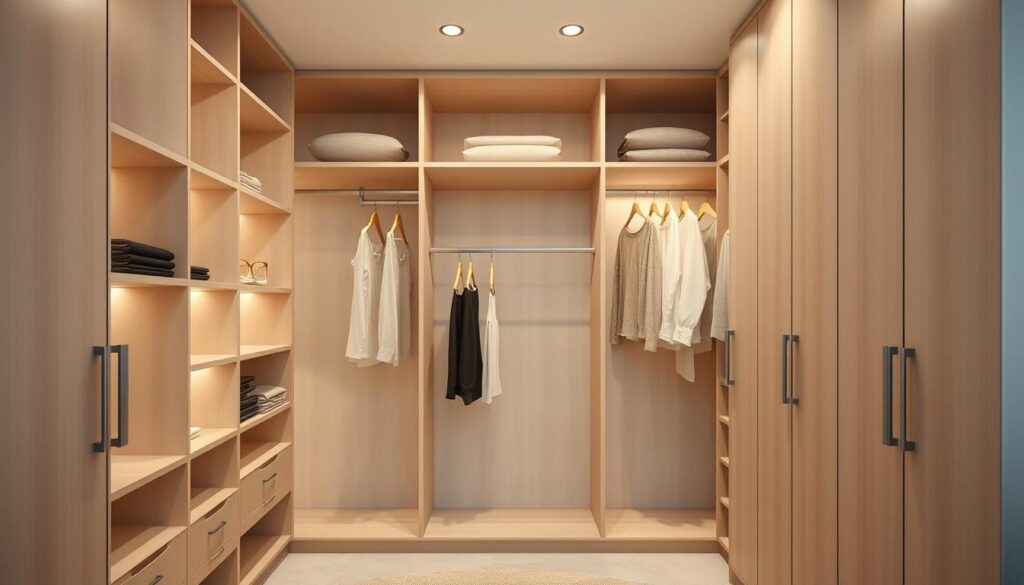 A spacious, well-organized wardrobe with neatly arranged shelves and hanging rods. The interior is illuminated by soft, diffused lighting, creating a warm and inviting atmosphere. The wardrobe's depth is carefully considered, providing ample storage space while maintaining a clean, uncluttered appearance. The front view showcases the wardrobe's sleek and minimalist design, with smooth, flush-mounted doors and a neutral color palette that complements the room's decor. The overall composition conveys a sense of balance, functionality, and visual harmony, serving as a practical and visually appealing storage solution.