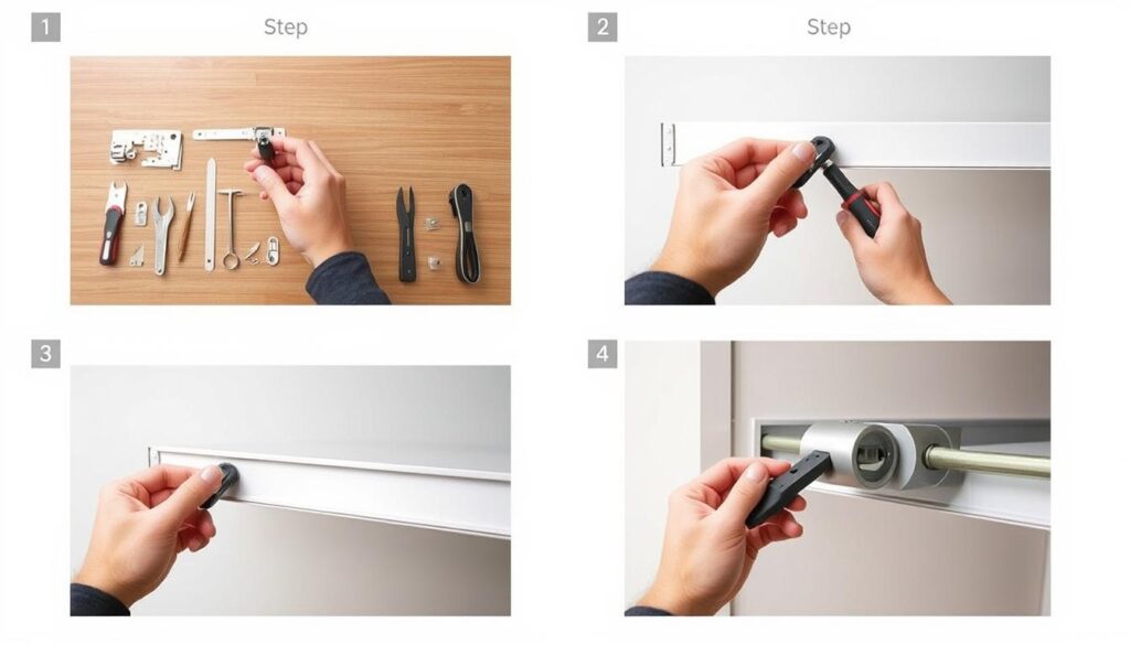 A step-by-step assembly instruction manual, with clear, high-resolution photographs showcasing the process of installing sliding wardrobe rollers. The images depict the individual components, tools, and techniques required, captured in a well-lit, studio-style setting with a neutral background. The overall visual style is technical, informative, and visually appealing, reflecting the subject matter and intended purpose of the article.