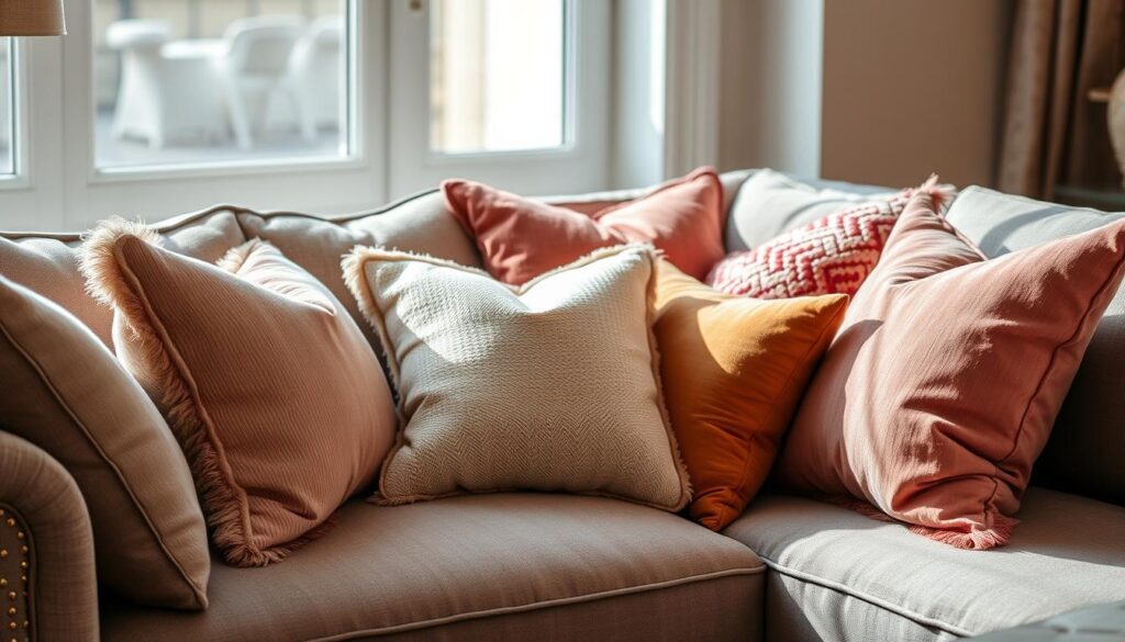 A stylish corner sofa with a selection of plush, coordinating throw pillows. The pillows are arranged in a visually appealing manner, creating a cozy and inviting atmosphere. The lighting is soft and natural, highlighting the textures and colors of the fabrics. The camera angle captures the scene from a slightly elevated perspective, providing a clear view of the pillow arrangement. The overall mood is one of comfort and sophistication, reflecting the elegance of the living space.