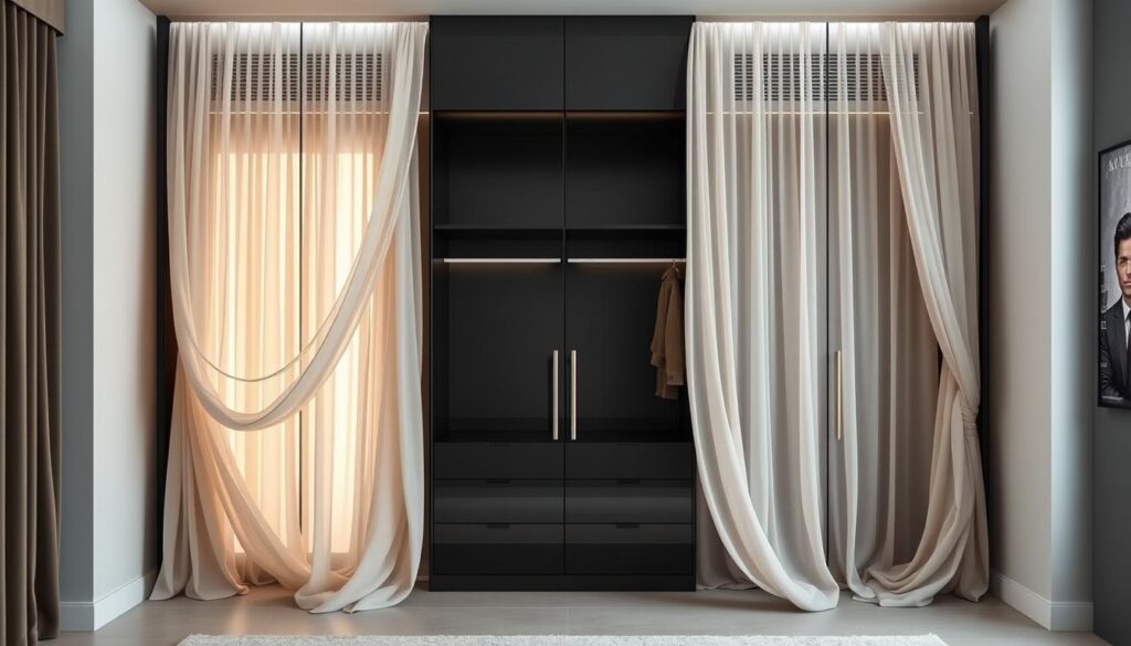 A stylish wardrobe with a modern twist, showcasing elegant curtains in place of traditional doors. The curtains flow gracefully, creating a sense of fluidity and openness, inviting the viewer to explore the hidden treasures within. Soft, natural lighting filters through the sheer fabric, casting a warm and welcoming glow. The wardrobe's sleek, minimalist design complements the cascading curtains, blending seamlessly to form a harmonious and visually appealing composition. This innovative solution offers a unique, visually-captivating alternative to conventional wardrobe doors, elevating the space with a touch of sophistication and style.